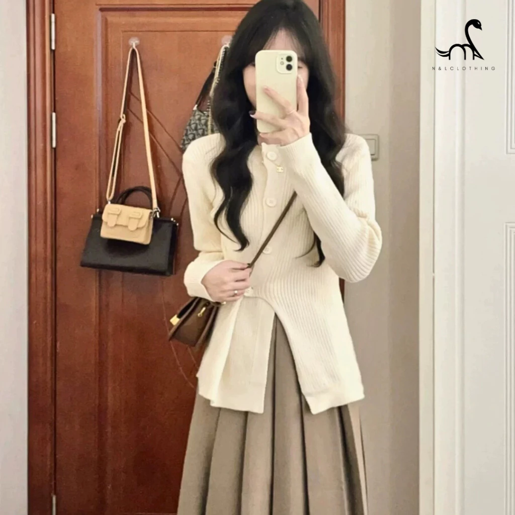 Áo len kiểu N&L Clothing Áo len cổ tròn Áo len body phong cách đơn giản Áo len nữ Xẻ tà Thời trang Hàn Quốc S001