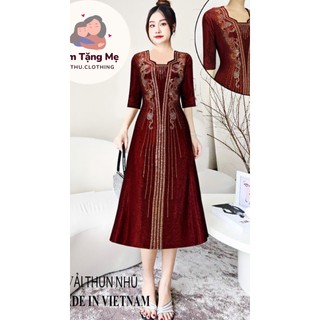 Đầm midi trung niên dự tiệc sang trọng vải nhũ ánh kim cao cấp tặng mẹ co giãn tốt bigsize 80kg M528