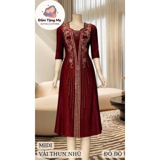 Đầm midi trung niên dự tiệc sang trọng vải nhũ ánh kim cao cấp tặng mẹ co giãn tốt bigsize 80kg M528