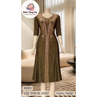 Đầm midi trung niên dự tiệc sang trọng vải nhũ ánh kim cao cấp tặng mẹ co giãn tốt bigsize 80kg M528