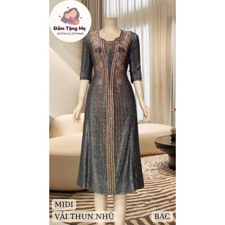 Đầm midi trung niên dự tiệc sang trọng vải nhũ ánh kim cao cấp tặng mẹ co giãn tốt bigsize 80kg M528