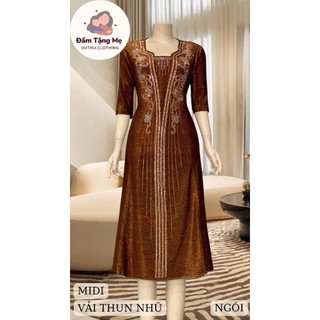 Đầm midi trung niên dự tiệc sang trọng vải nhũ ánh kim cao cấp tặng mẹ co giãn tốt bigsize 80kg M528