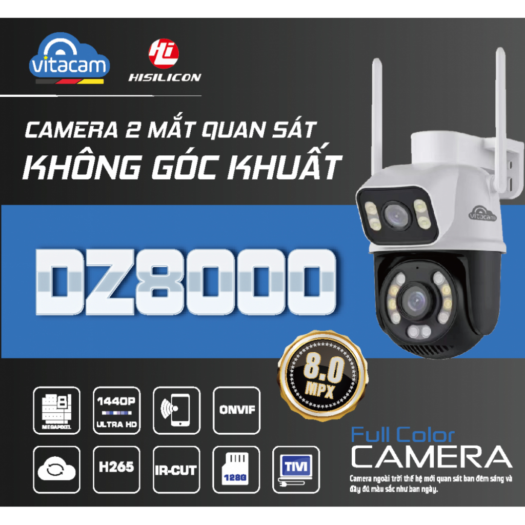 CAMERA 2 MẮT VITACAM DZ8000, KHÔNG GÓC KHUẤT 8.0 MP, XEM 2 MÀN HÌNH ...