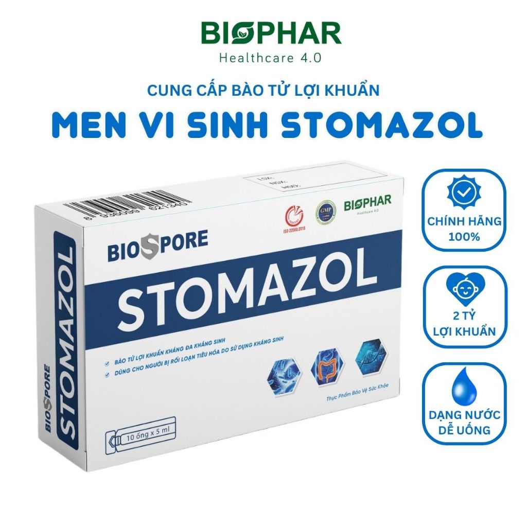 Men vi sinh Biophar Stomazol cho người rối loạn tiêu hóa, táo bón, tiêu chảy chứa 2 tỷ bào tử lợi khuẩn | 10 Ống 5ml