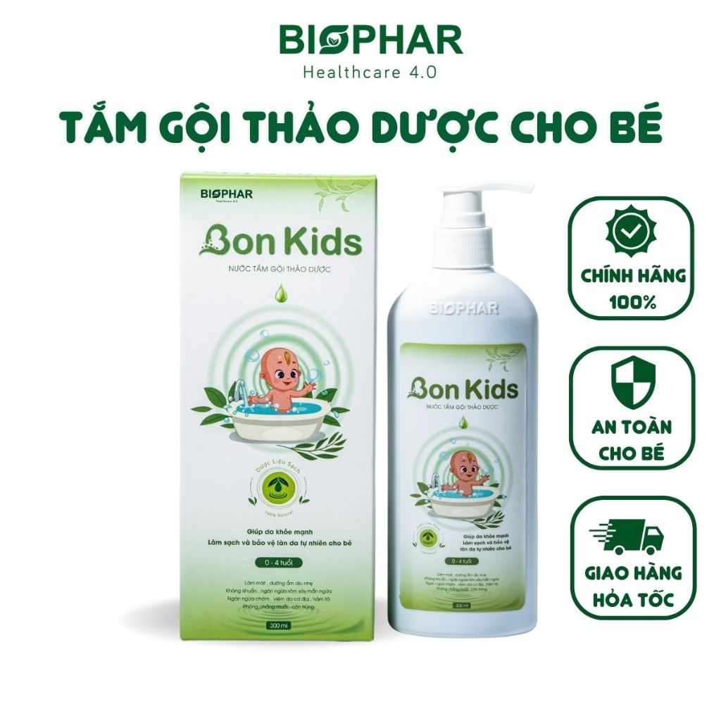 Nước tắm gội thảo dược cho bé Biophar Bon Kids ngăn ngừa mụn, ngứa, rôm sảy, hăm da, dành cho bé 0-4 tuổi | Chai 300ml