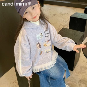 CANDIMIMI Áo Hoodie Cotton Phối Viền Voan Tiểu Thư Dễ Thương Cho Bé Gái - Sợi Tự Nhiên Cao Cấp, Dày Dặn, Mềm Mại