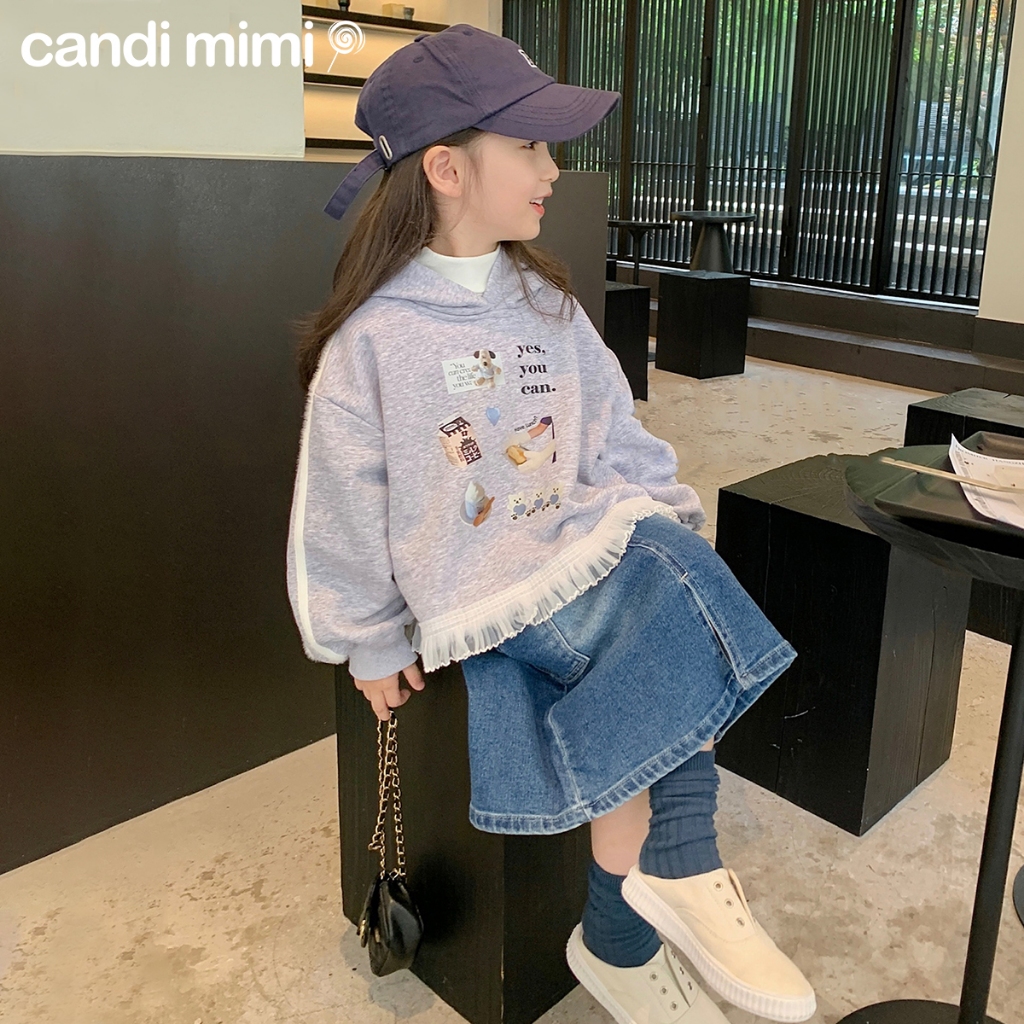 CANDIMIMI Áo Hoodie Cotton Phối Viền Voan Tiểu Thư Dễ Thương Cho Bé Gái - Sợi Tự Nhiên Cao Cấp, Dày Dặn, Mềm Mại