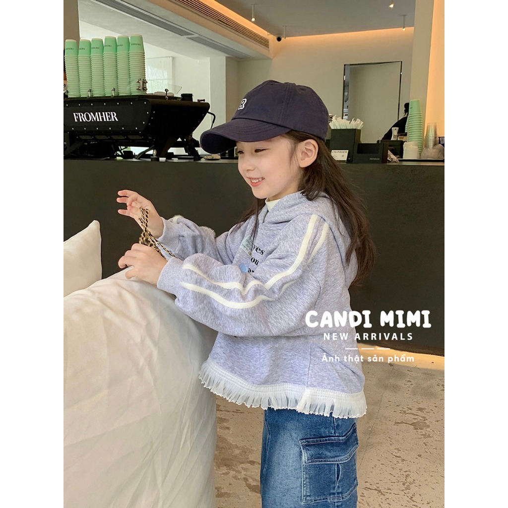 CANDIMIMI Áo Hoodie Cotton Phối Viền Voan Tiểu Thư Dễ Thương Cho Bé Gái - Sợi Tự Nhiên Cao Cấp, Dày Dặn, Mềm Mại