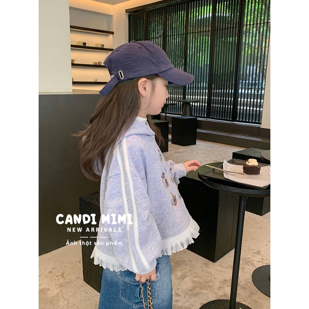 CANDIMIMI Áo Hoodie Cotton Phối Viền Voan Tiểu Thư Dễ Thương Cho Bé Gái - Sợi Tự Nhiên Cao Cấp, Dày Dặn, Mềm Mại