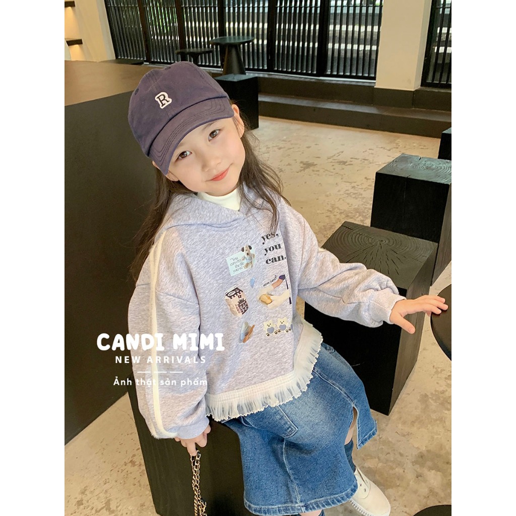 CANDIMIMI Áo Hoodie Cotton Phối Viền Voan Tiểu Thư Dễ Thương Cho Bé Gái - Sợi Tự Nhiên Cao Cấp, Dày Dặn, Mềm Mại