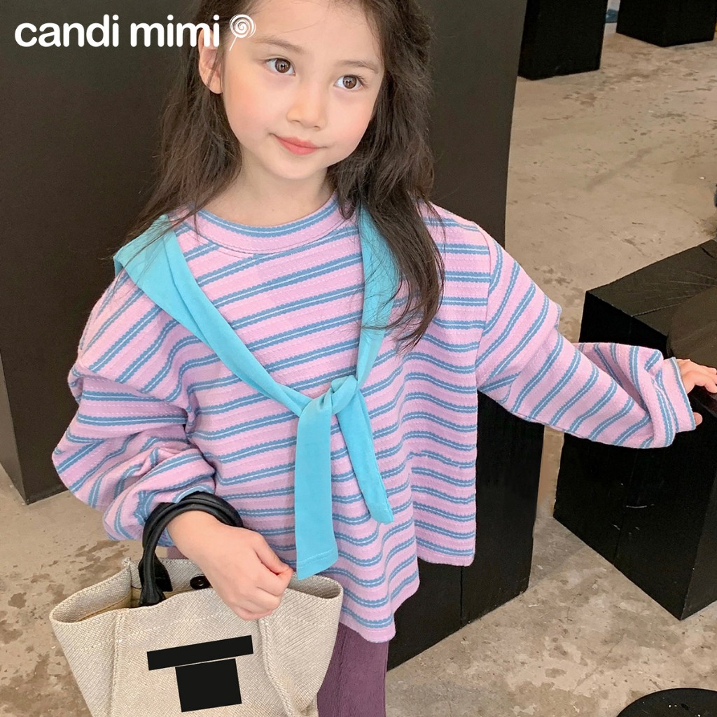 CANDIMIMI Áo Thun Cotton Choàng Vai Kẻ Ngang Cho Bé Gái - Sợi Tự Nhiên Cao Cấp, Dày Dặn, Mềm Mại
