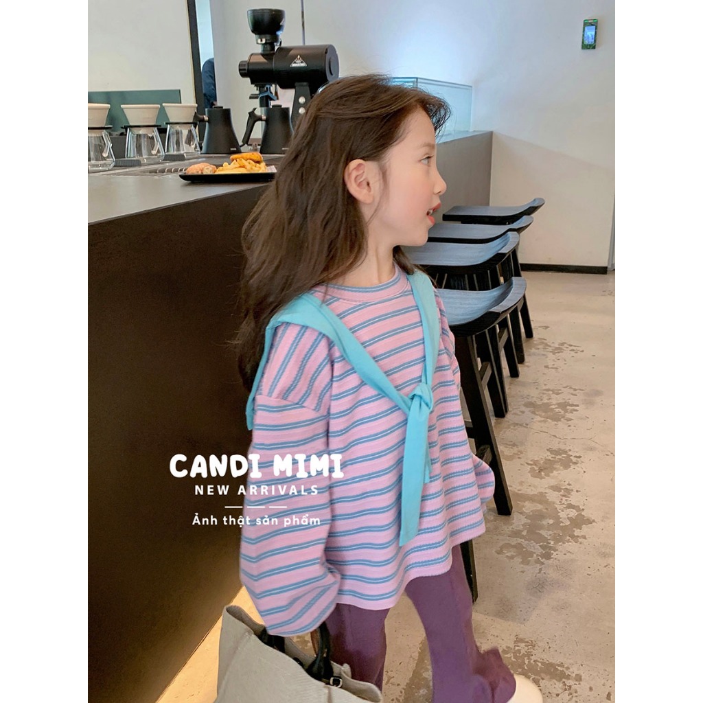 CANDIMIMI Áo Thun Cotton Choàng Vai Kẻ Ngang Cho Bé Gái - Sợi Tự Nhiên Cao Cấp, Dày Dặn, Mềm Mại
