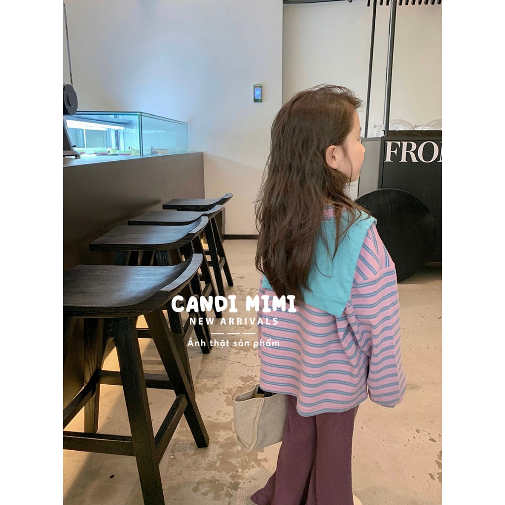 CANDIMIMI Áo Thun Cotton Choàng Vai Kẻ Ngang Cho Bé Gái - Sợi Tự Nhiên Cao Cấp, Dày Dặn, Mềm Mại