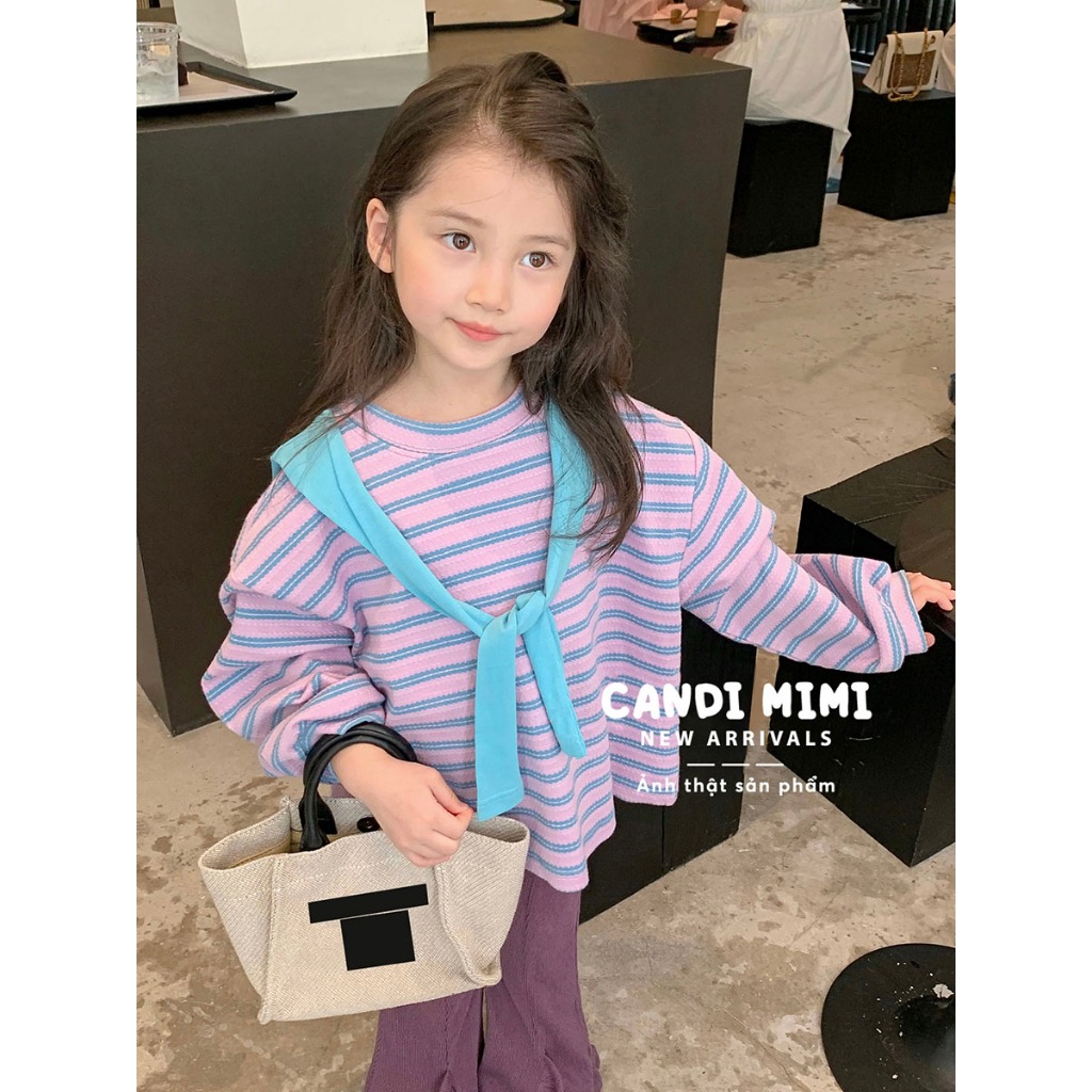 CANDIMIMI Áo Thun Cotton Choàng Vai Kẻ Ngang Cho Bé Gái - Sợi Tự Nhiên Cao Cấp, Dày Dặn, Mềm Mại