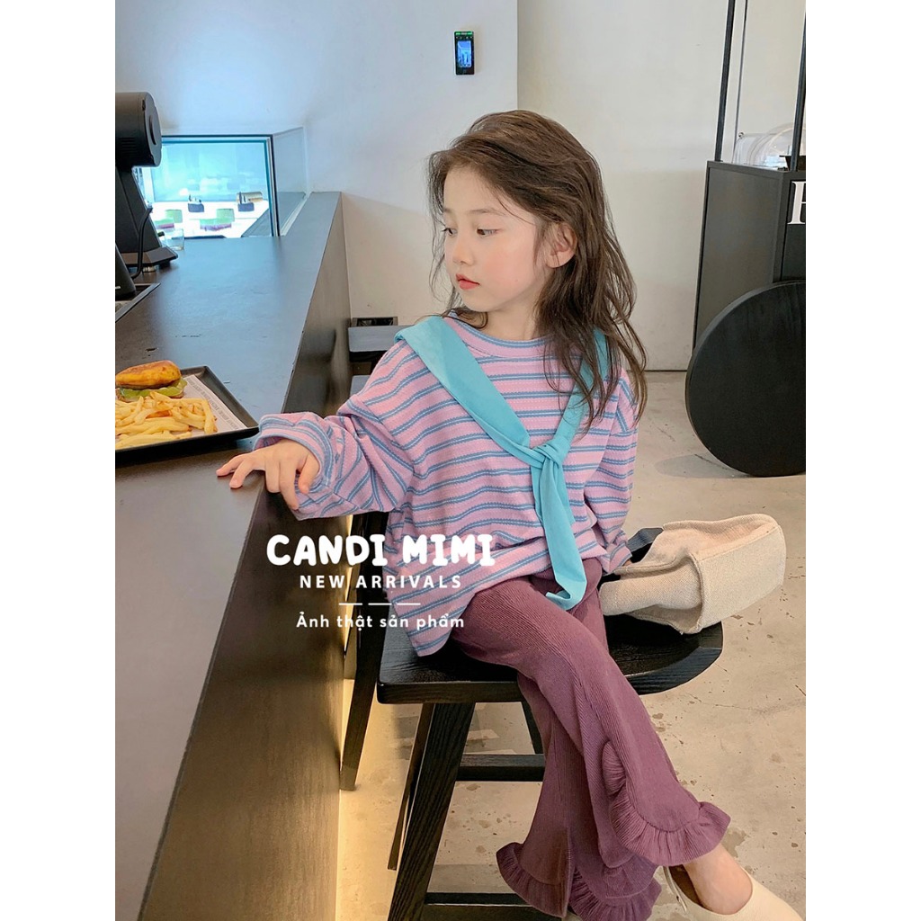CANDIMIMI Áo Thun Cotton Choàng Vai Kẻ Ngang Cho Bé Gái - Sợi Tự Nhiên Cao Cấp, Dày Dặn, Mềm Mại
