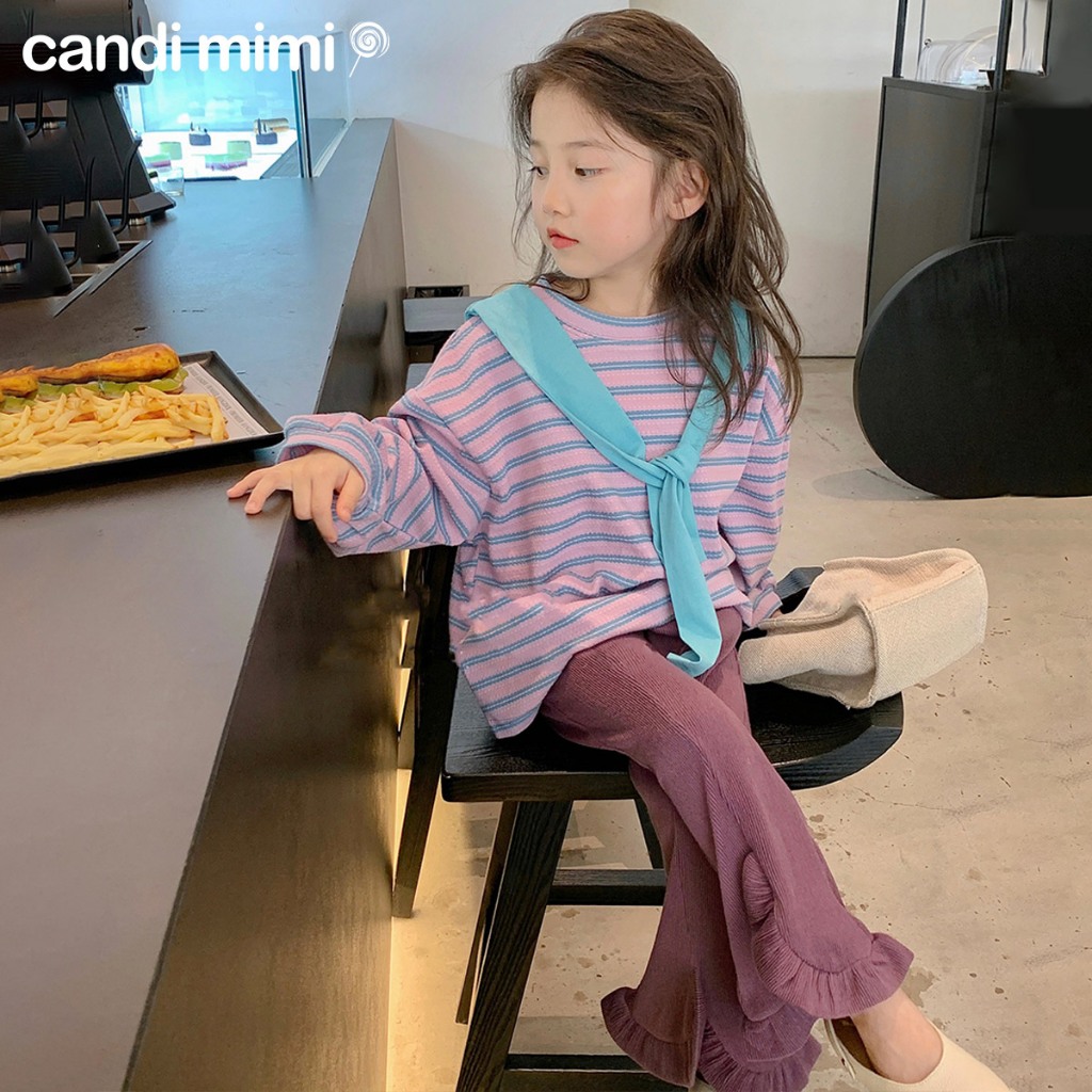 CANDIMIMI Áo Thun Cotton Choàng Vai Kẻ Ngang Cho Bé Gái - Sợi Tự Nhiên Cao Cấp, Dày Dặn, Mềm Mại