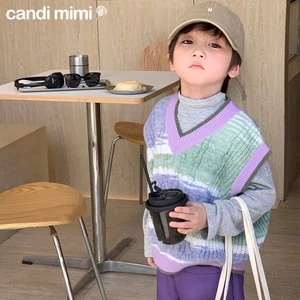 CANDIMIMI Áo Gile Len Cotton Cổ V Kẻ Nhiều Màu Unisex Cho Bé Trai Bé Gái - Sợi Tự Nhiên Cao Cấp, Dày Dặn, Mềm Mại