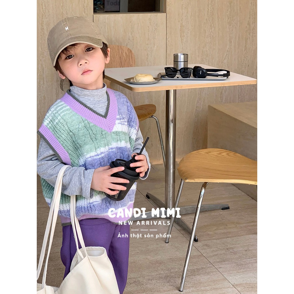 CANDIMIMI Áo Gile Len Cotton Cổ V Kẻ Nhiều Màu Unisex Cho Bé Trai Bé Gái - Sợi Tự Nhiên Cao Cấp, Dày Dặn, Mềm Mại