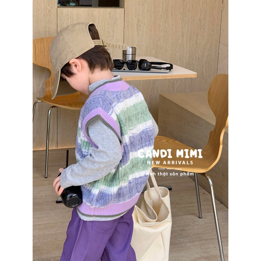 CANDIMIMI Áo Gile Len Cotton Cổ V Kẻ Nhiều Màu Unisex Cho Bé Trai Bé Gái - Sợi Tự Nhiên Cao Cấp, Dày Dặn, Mềm Mại