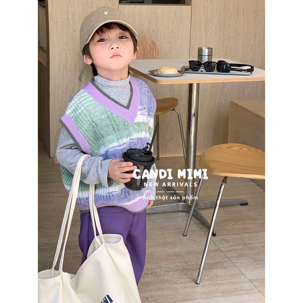 CANDIMIMI Áo Gile Len Cotton Cổ V Kẻ Nhiều Màu Unisex Cho Bé Trai Bé Gái - Sợi Tự Nhiên Cao Cấp, Dày Dặn, Mềm Mại