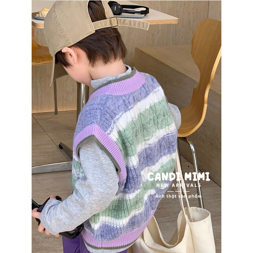 CANDIMIMI Áo Gile Len Cotton Cổ V Kẻ Nhiều Màu Unisex Cho Bé Trai Bé Gái - Sợi Tự Nhiên Cao Cấp, Dày Dặn, Mềm Mại