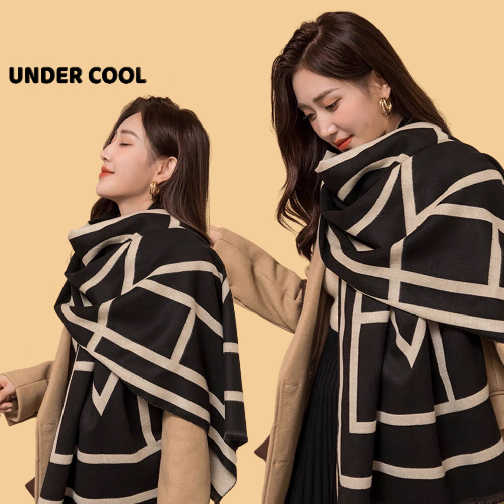 Khăn Choàng Dạ Nữ UNDERCOOL Phối Màu Đen Be Hoạ Tiết Trẻ Trung KC03