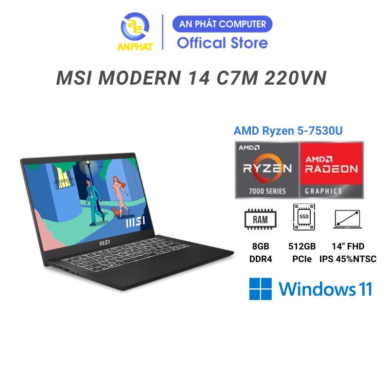 Laptop MSI Modern 14 C7M 220VN (AMD Ryzen 5-7530U | 14 inch FHD)