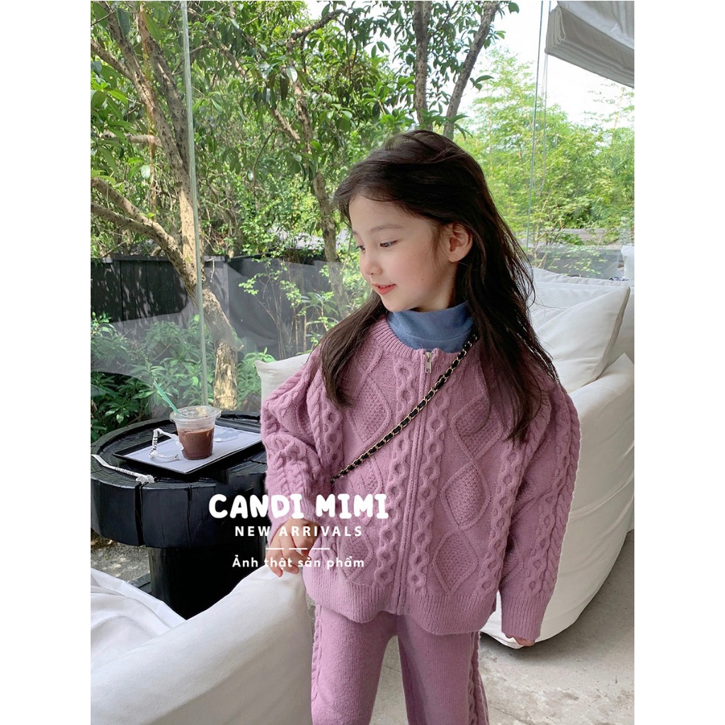 CANDIMIMI Set Len Áo Khoác Và Quần Dài Màu Pastel Hàn Quốc Cho Bé Gái - Giữ Nhiệt, Mềm Mại, Ấm Áp