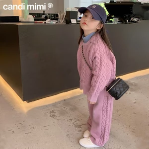 CANDIMIMI Set Len Áo Khoác Và Quần Dài Màu Pastel Hàn Quốc Cho Bé Gái - Giữ Nhiệt, Mềm Mại, Ấm Áp