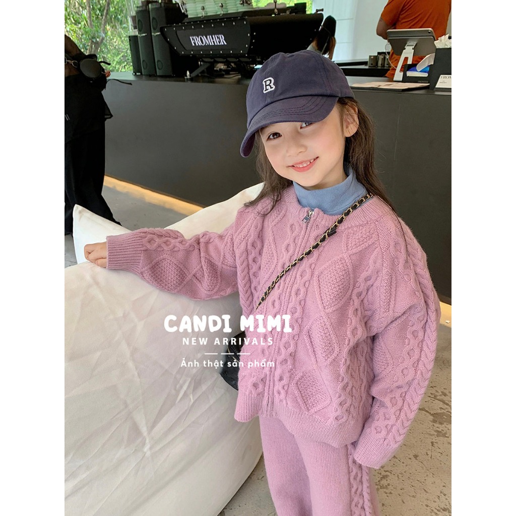 CANDIMIMI Set Len Áo Khoác Và Quần Dài Màu Pastel Hàn Quốc Cho Bé Gái - Giữ Nhiệt, Mềm Mại, Ấm Áp