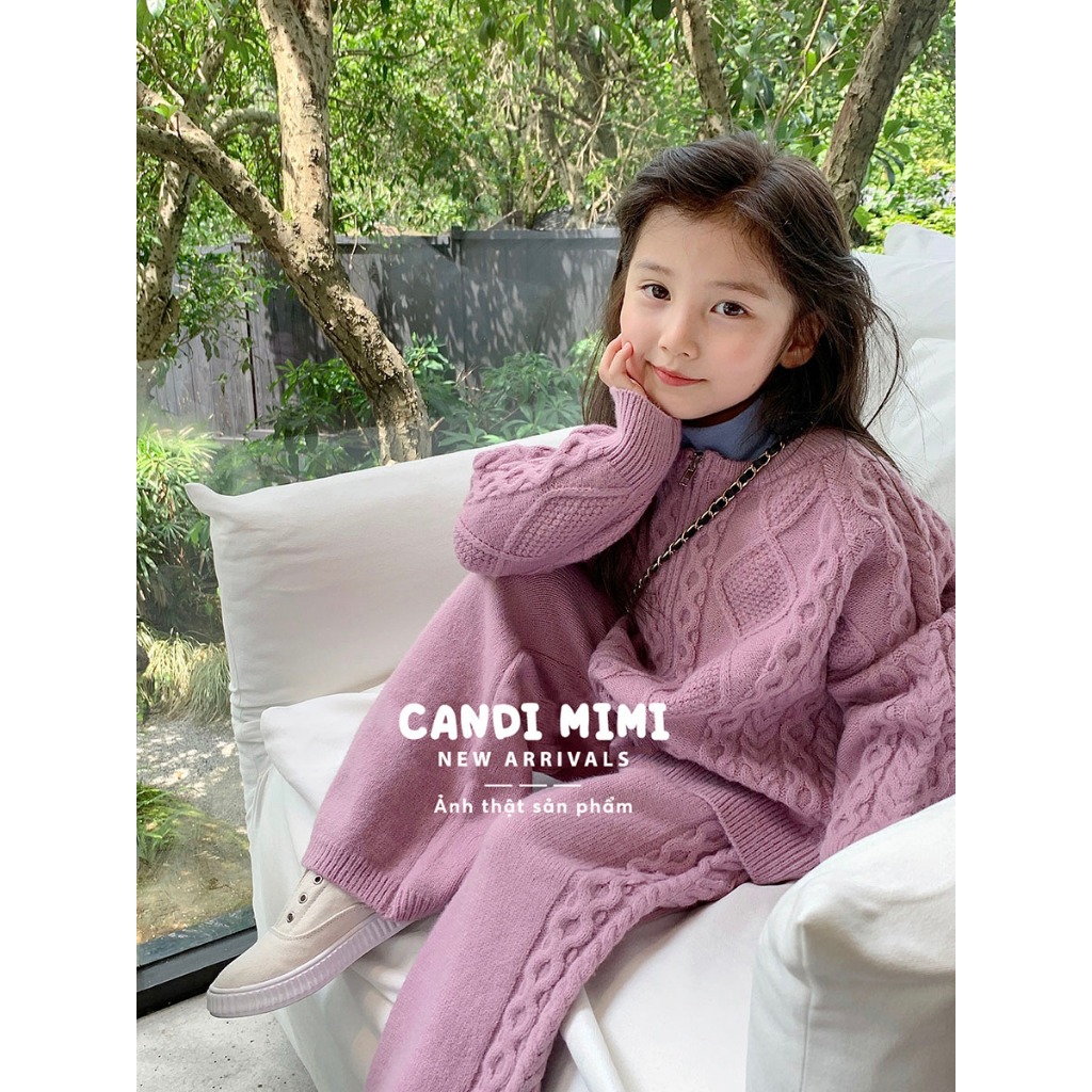 CANDIMIMI Set Len Áo Khoác Và Quần Dài Màu Pastel Hàn Quốc Cho Bé Gái - Giữ Nhiệt, Mềm Mại, Ấm Áp