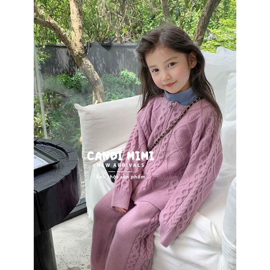 CANDIMIMI Set Len Áo Khoác Và Quần Dài Màu Pastel Hàn Quốc Cho Bé Gái - Giữ Nhiệt, Mềm Mại, Ấm Áp