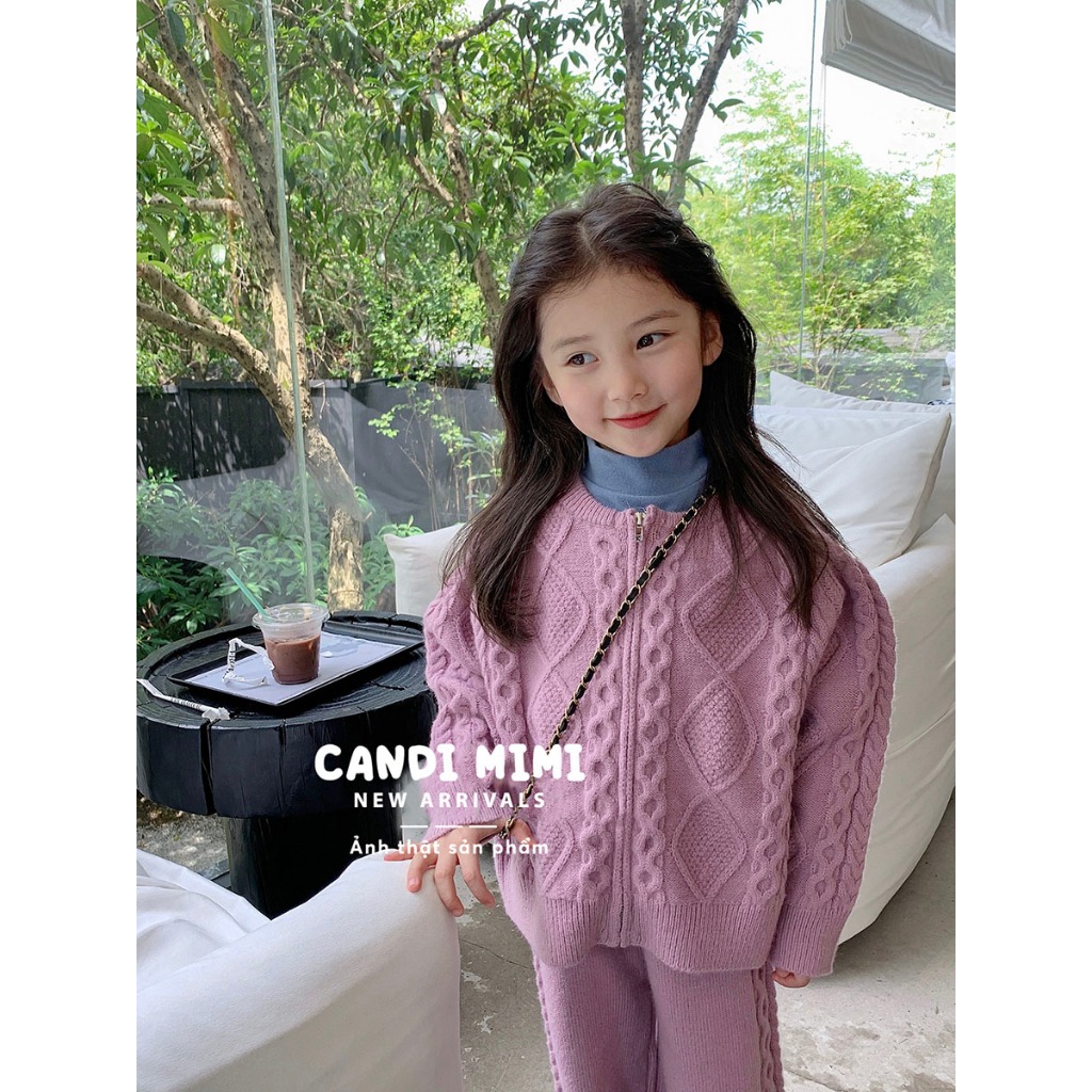 CANDIMIMI Set Len Áo Khoác Và Quần Dài Màu Pastel Hàn Quốc Cho Bé Gái - Giữ Nhiệt, Mềm Mại, Ấm Áp