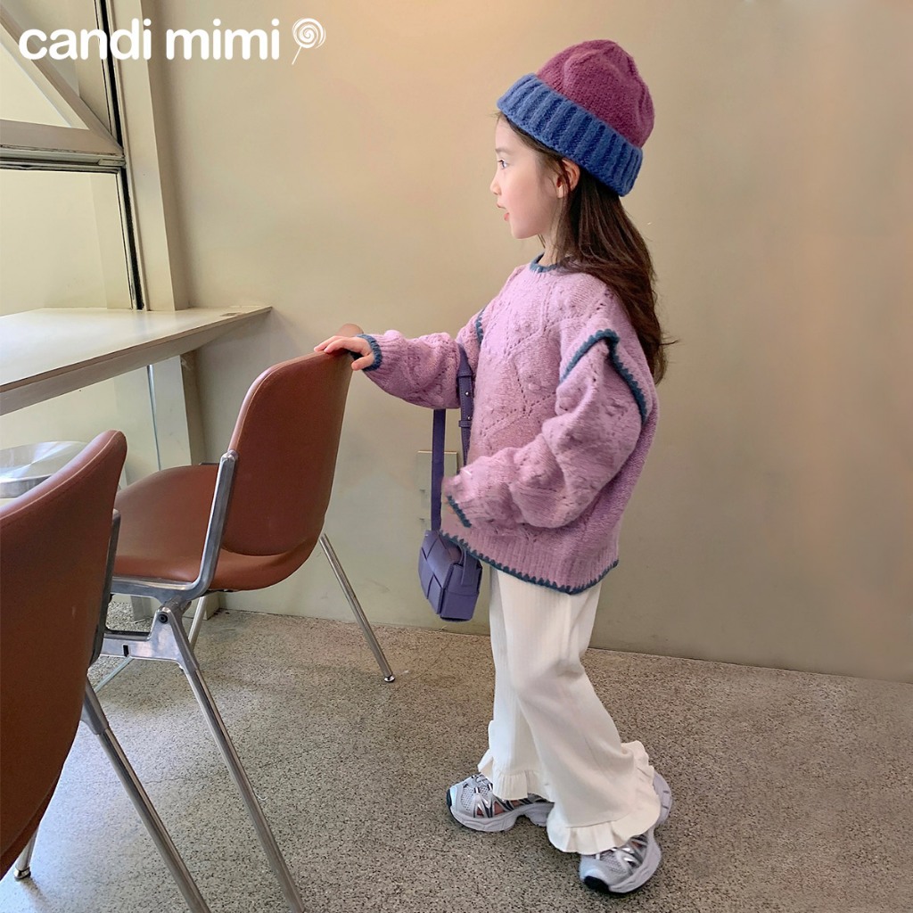 CANDIMIMI Áo Len Vai Chờm Phối Viền Màu Cho Bé Gái - Sợi Tự Nhiên Cao Cấp, Dày Dặn, Mềm Mại