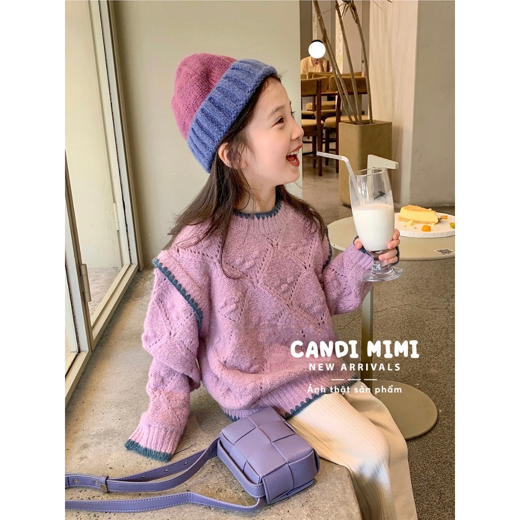CANDIMIMI Áo Len Vai Chờm Phối Viền Màu Cho Bé Gái - Sợi Tự Nhiên Cao Cấp, Dày Dặn, Mềm Mại