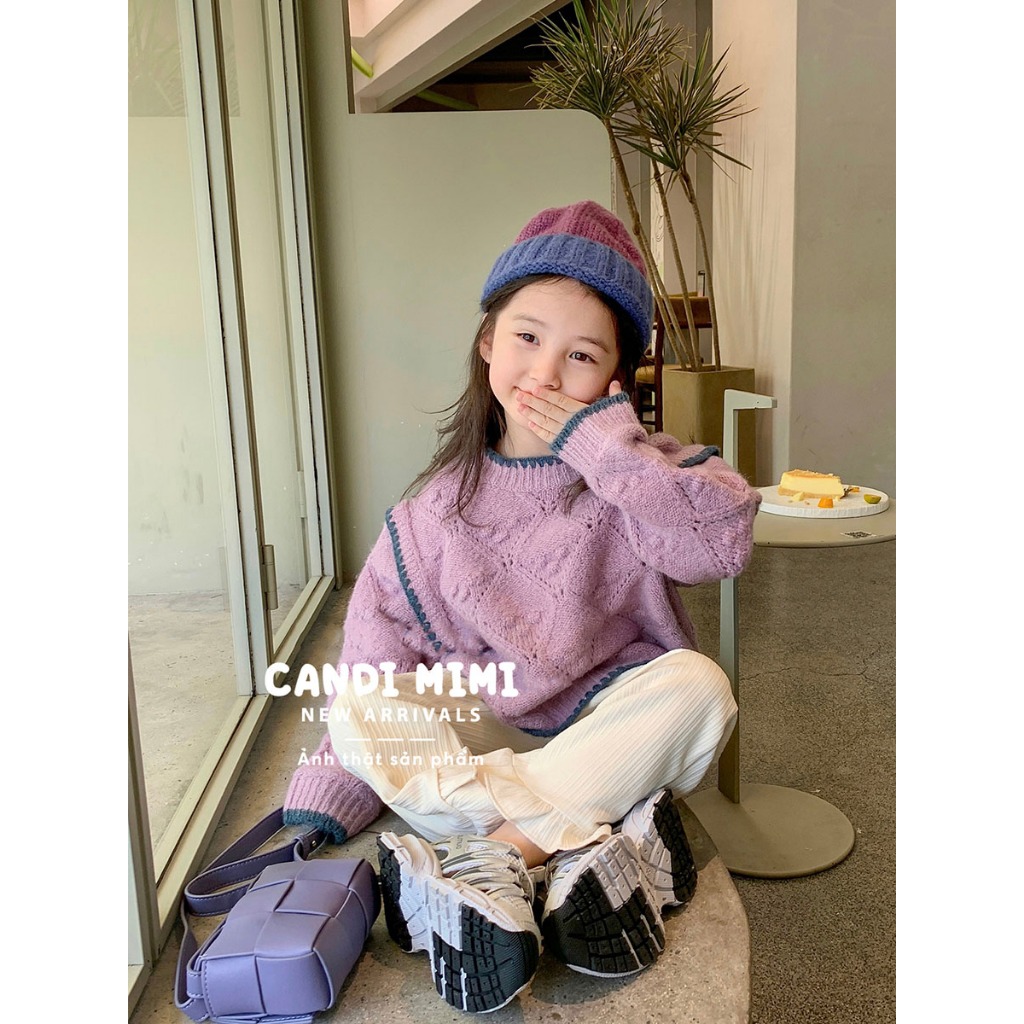 CANDIMIMI Áo Len Vai Chờm Phối Viền Màu Cho Bé Gái - Sợi Tự Nhiên Cao Cấp, Dày Dặn, Mềm Mại