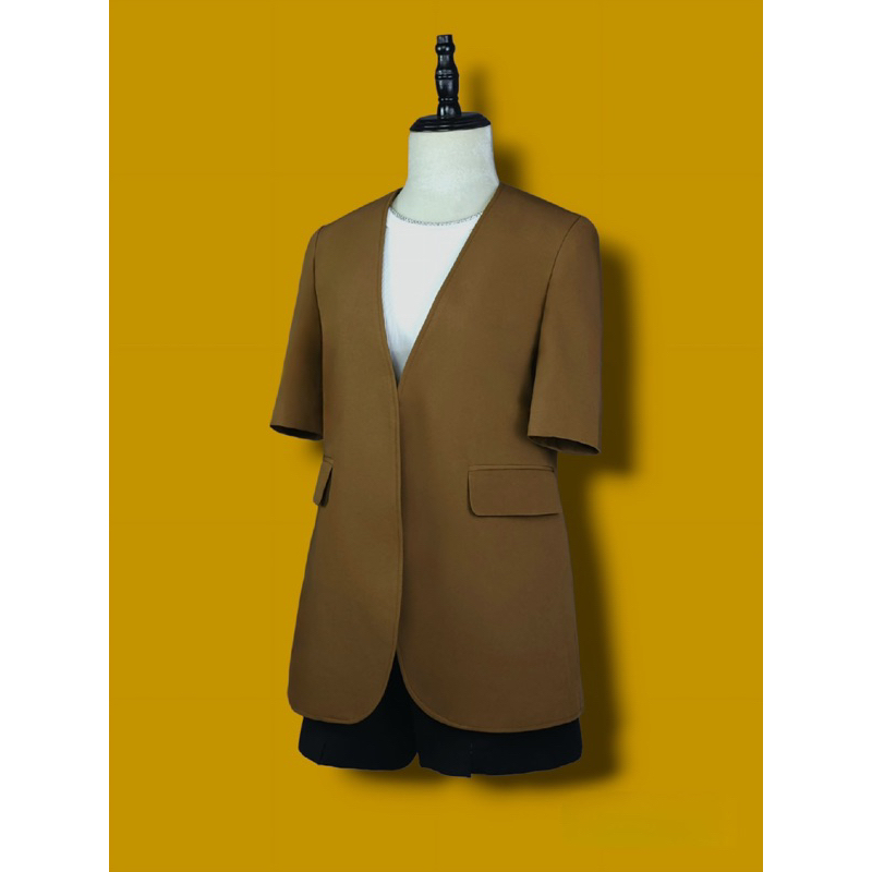 Áo blazer nữ [MAY THEO SỐ ĐO] - chất liệu cao cấp, 2 lớp-lót lụa, NGẮN TAY KHÔNG CỔ NÂU  - Tiệm may Diluclothing