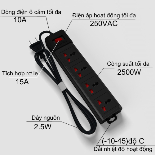 Ảnh Ổ cắm điện đa năng Rạng Đông 4 ổ cắm, dài 3-5 mét Model OC02 4C/3M/10A 3