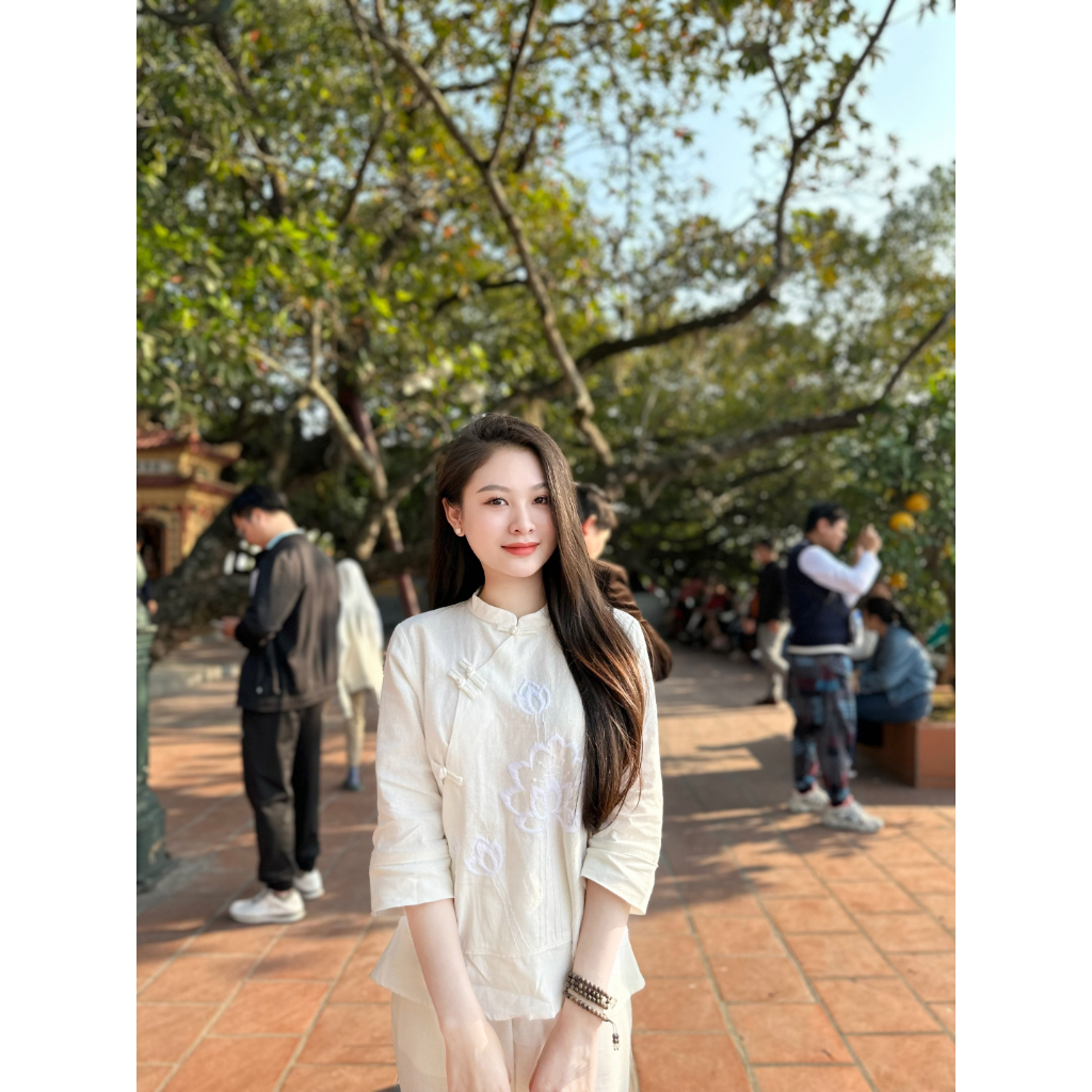 Pháp phục đi chùa MPB vải đũi thêu hoa sen Đồ lam đi chùa nữ cổ tàu tay lỡ Bộ đi lễ fom xuông vải mềm mịn