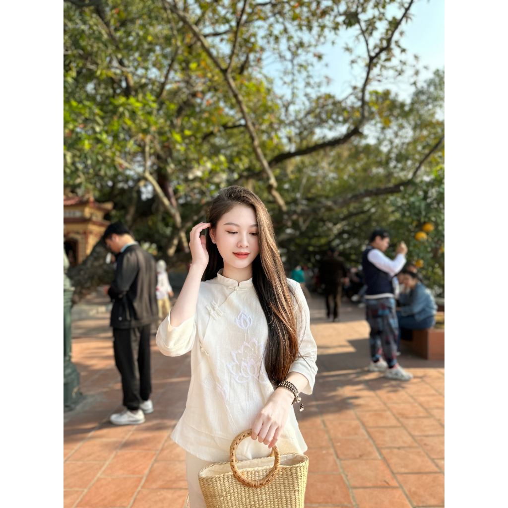 Pháp phục đi chùa MPB vải đũi thêu hoa sen Đồ lam đi chùa nữ cổ tàu tay lỡ Bộ đi lễ fom xuông vải mềm mịn
