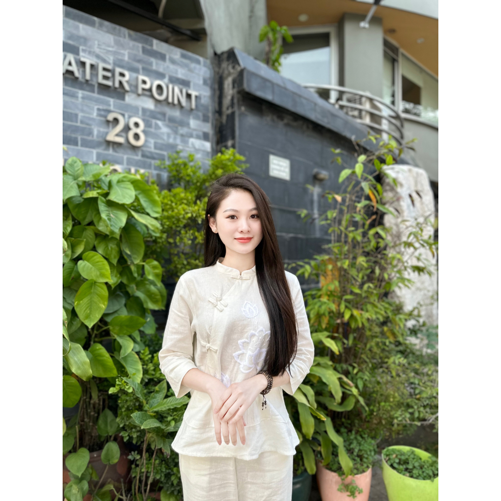 Pháp phục đi chùa MPB vải đũi thêu hoa sen Đồ lam đi chùa nữ cổ tàu tay lỡ Bộ đi lễ fom xuông vải mềm mịn