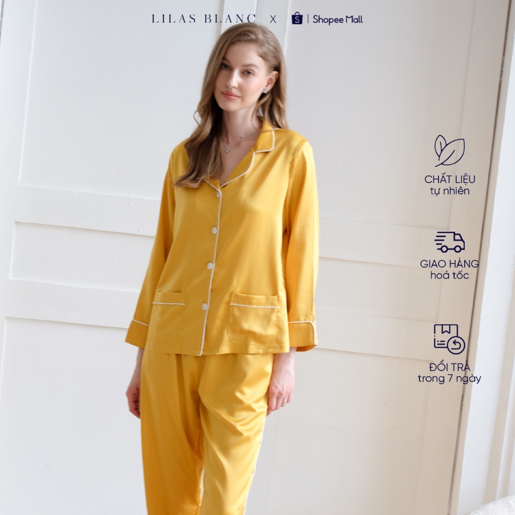 Bộ Pyjamas Nữ Mặc Nhà Áo Dài Quần Dài Chất Liệu Lụa Màu Vàng Phối Viền Trắng Golden Topaz LILAS BLANC spe