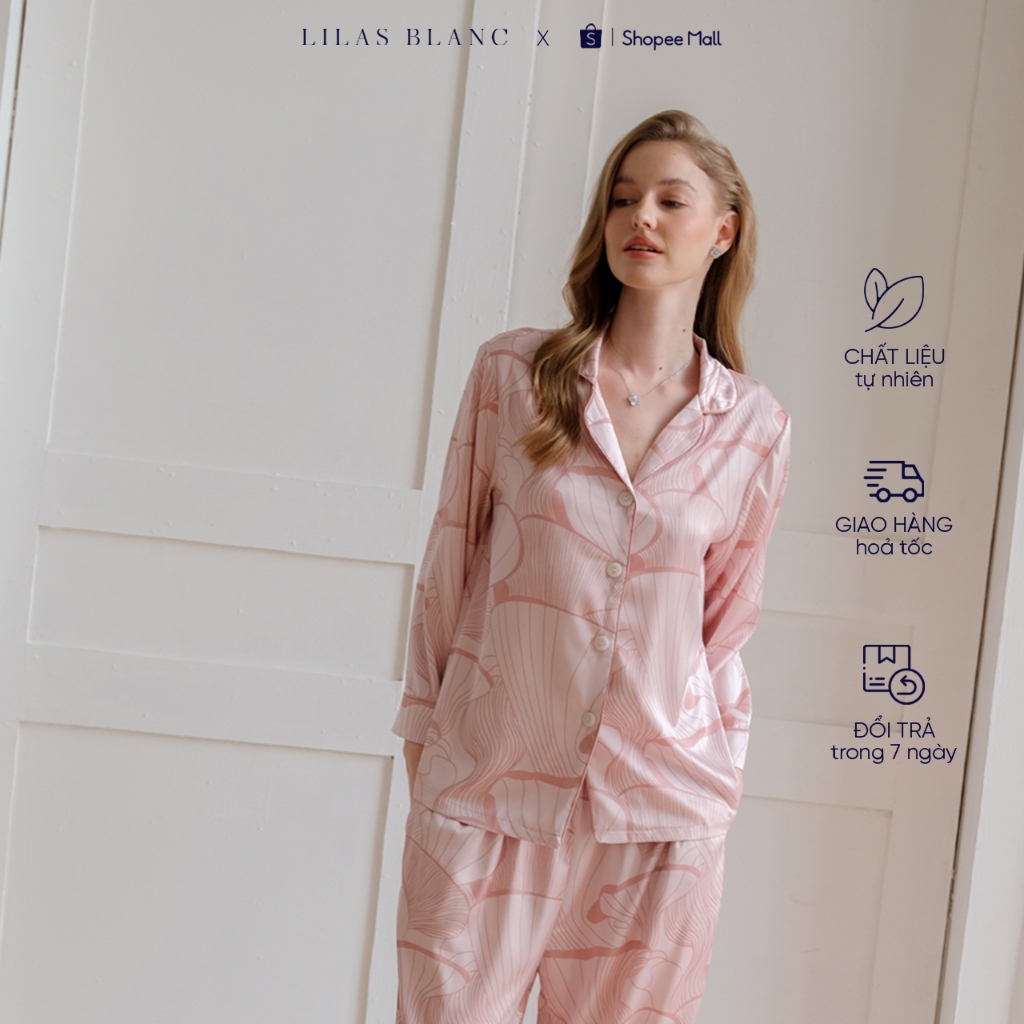 Bộ Pyjamas Nữ Mặc Nhà Áo Dài Quần Dài Chất Liệu Lụa Nhiều Màu In Họa Tiết Evelyne LILAS BLANC spe