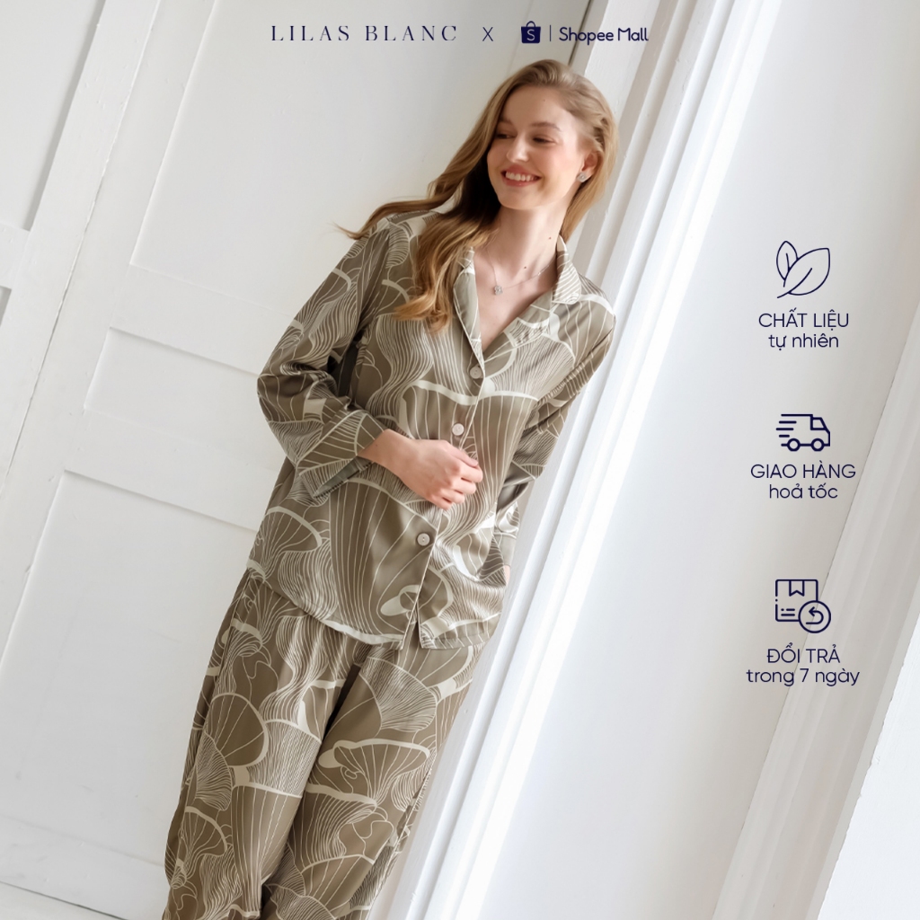 Bộ Pyjamas Nữ Mặc Nhà Áo Dài Quần Dài Chất Liệu Lụa Màu Rêu In Họa Tiết Evelyne LILAS BLANC spe