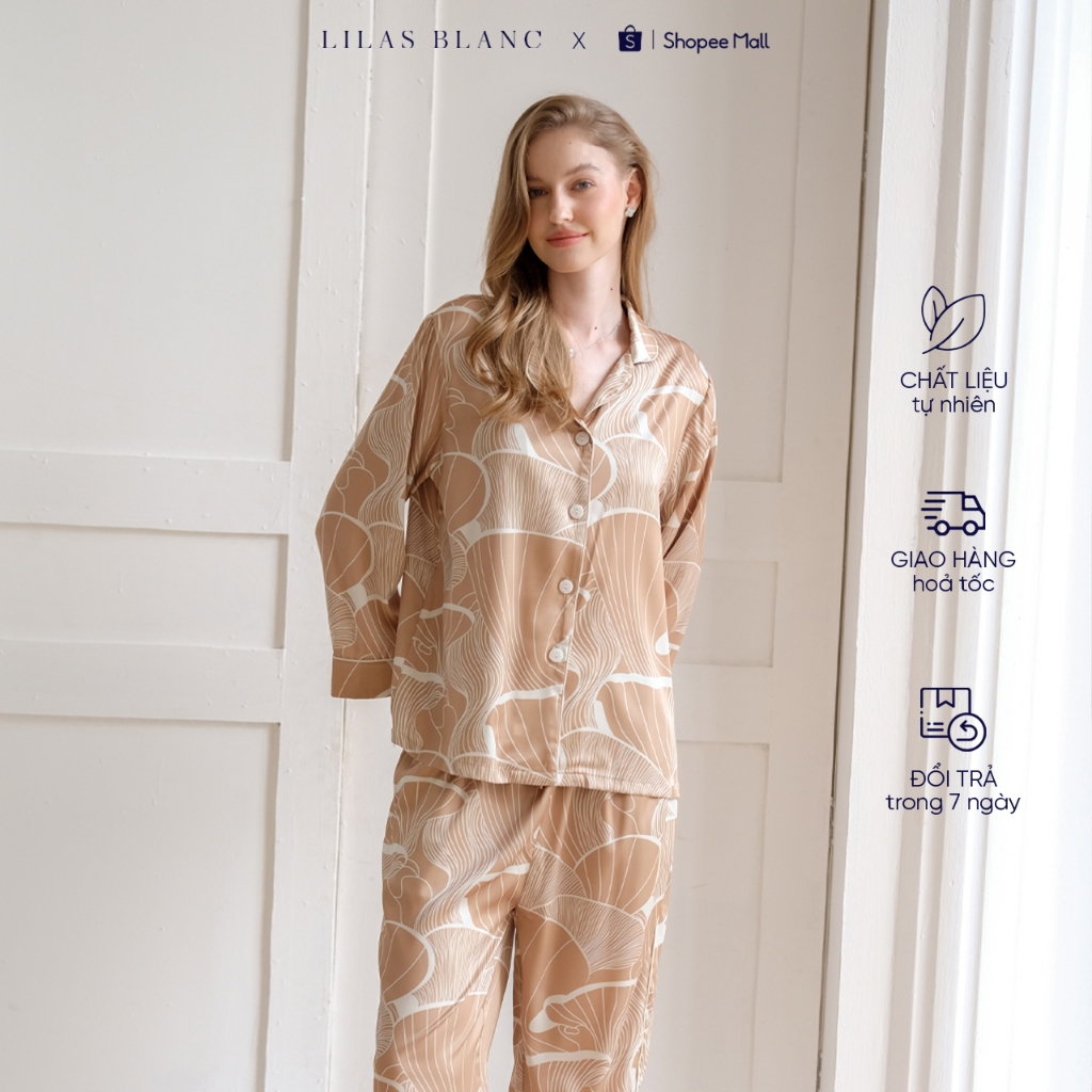 Bộ Pyjamas Nữ Mặc Nhà Áo Dài Quần Dài Chất Liệu Lụa Màu Nâu Lạnh In Họa Tiết Phối Viền Trắng Evelyne LILAS BLANC spe