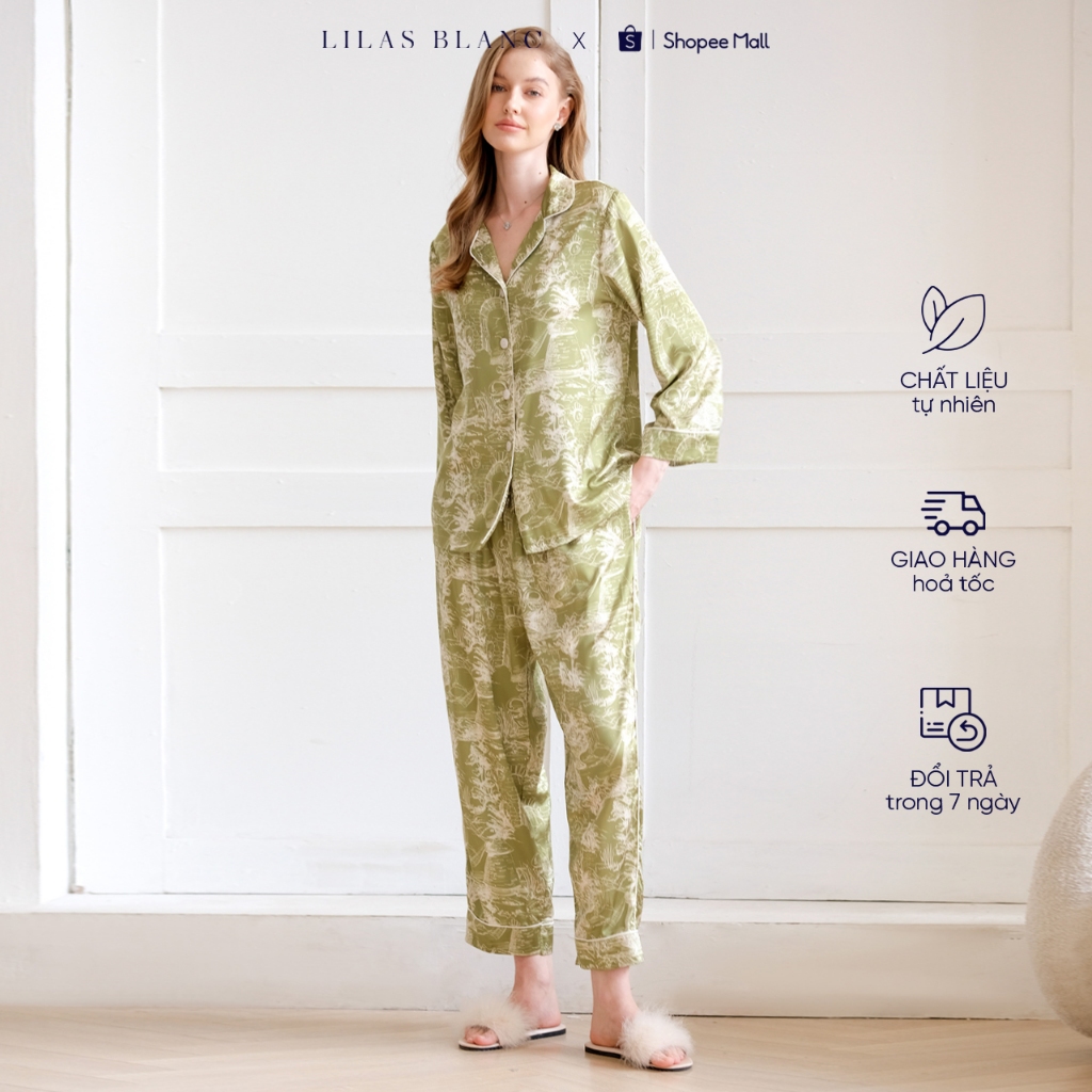 Bộ Pyjamas Nữ Mặc Nhà Quần Dài Áo Dài Chất Liệu Lụa In Hoa Tiết Paris Xanh Cốm LILAS BLANC spe