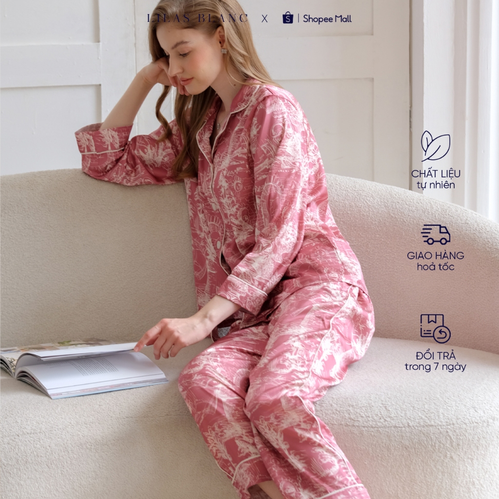 Bộ Pyjamas Nữ Mặc Nhà Quần Dài Áo Dài Chất Liệu Lụa In Hoa Tiết Paris Hồng Đỗ Xanh Cốm LILAS BLANC spe