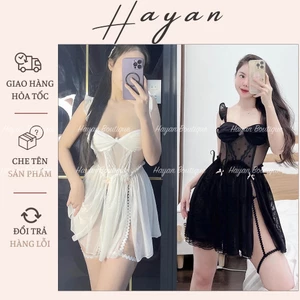 HT92 Váy ngủ sexy xẻ đùi tôn dáng quyến rũ kèm đai tất, đồ ngủ ren xuyên thấu xẻ đùi HT92