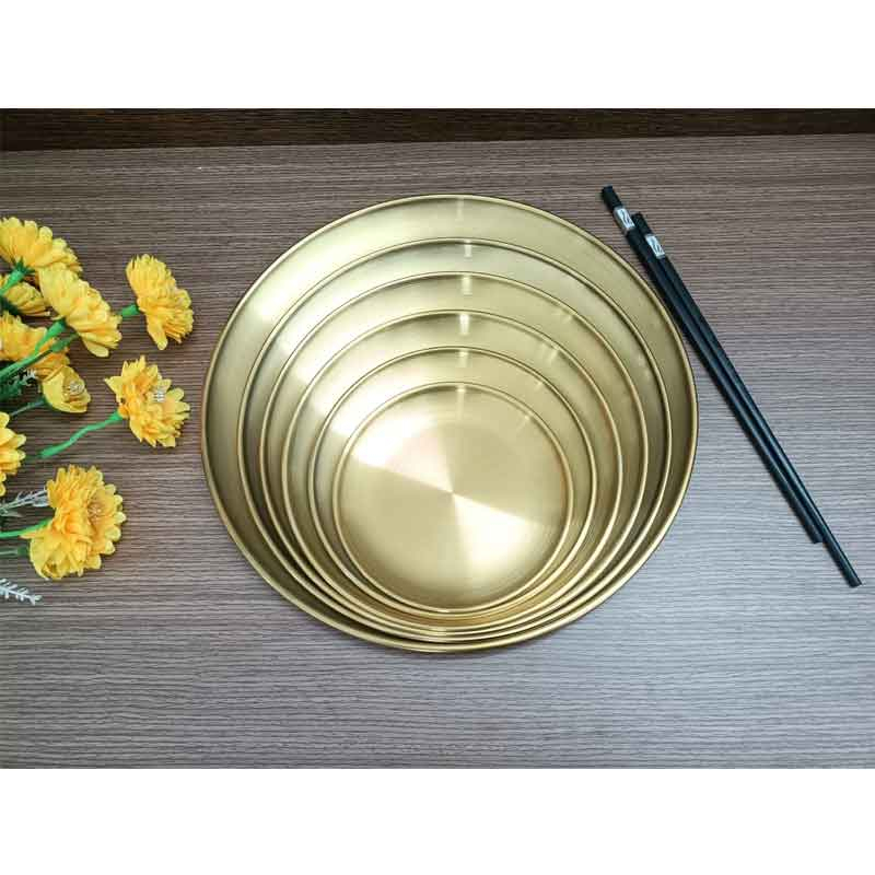 Dĩa inox Hàn Quốc đựng thức ăn, trang trí nhiều kích thước, khay inox trang trí màu vàng và màu inox