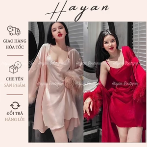 HT823 Set váy ngủ và áo choàng tay lông thỏ cao cấp dáng suông nhẹ nhàng tôn dáng HT823
